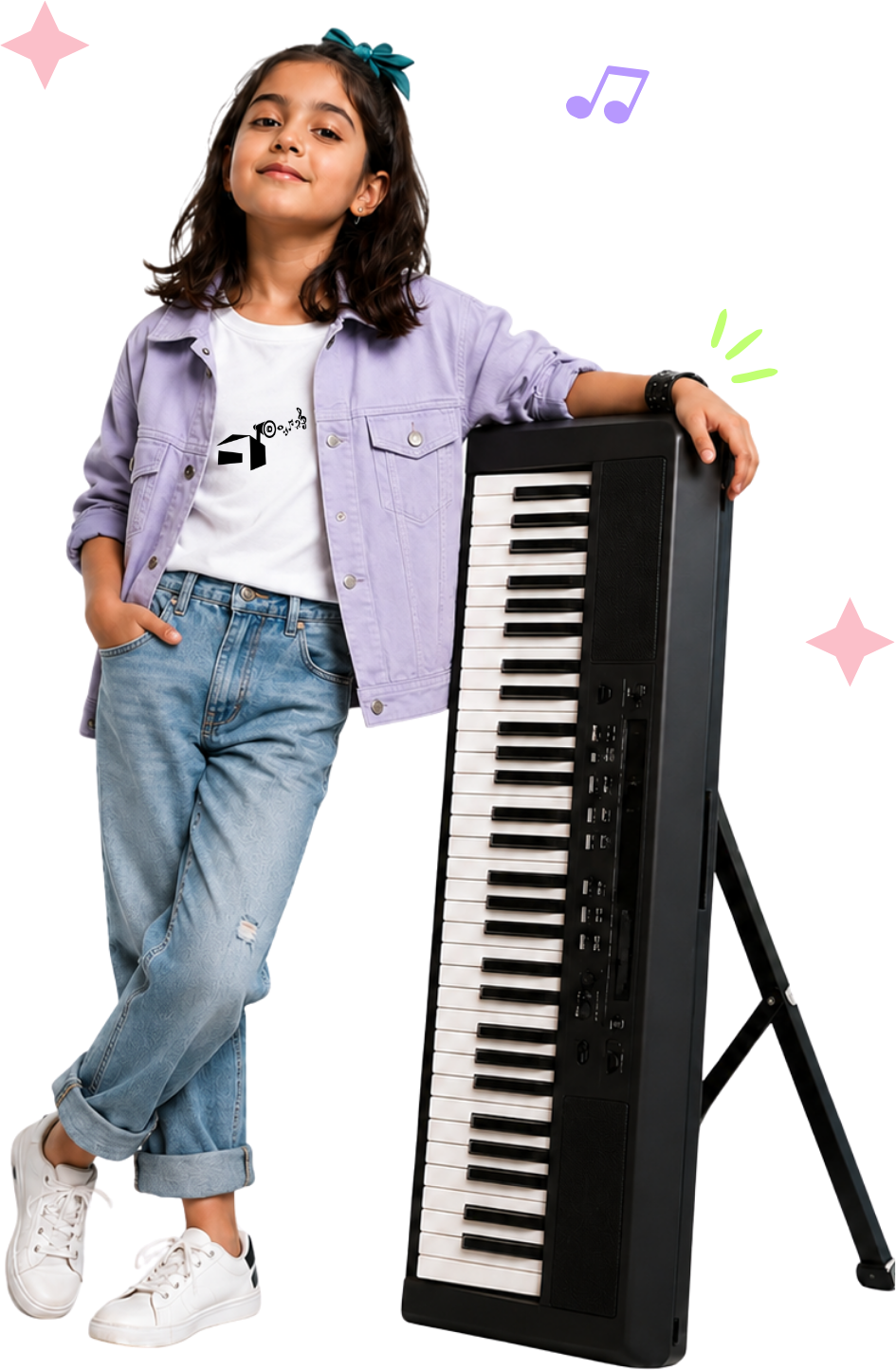 Young girl smiling with upright electronic piano keyboard